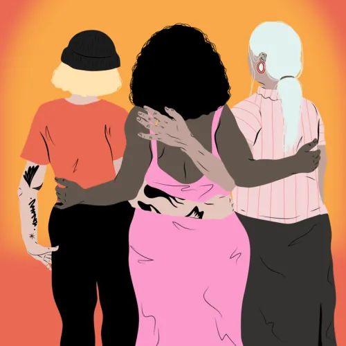 Trois femmes de dos qui s'enlacent