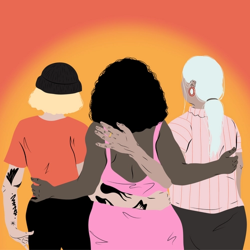 Illustration of three women from behind holding each other by the waist