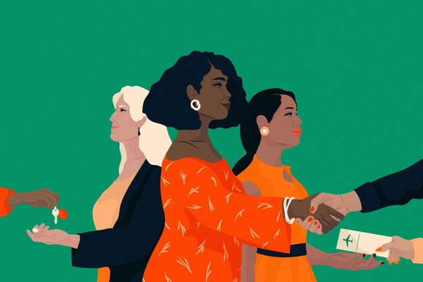Illustration of three women receiving house keys, shaking hands and receiving a plane ticket