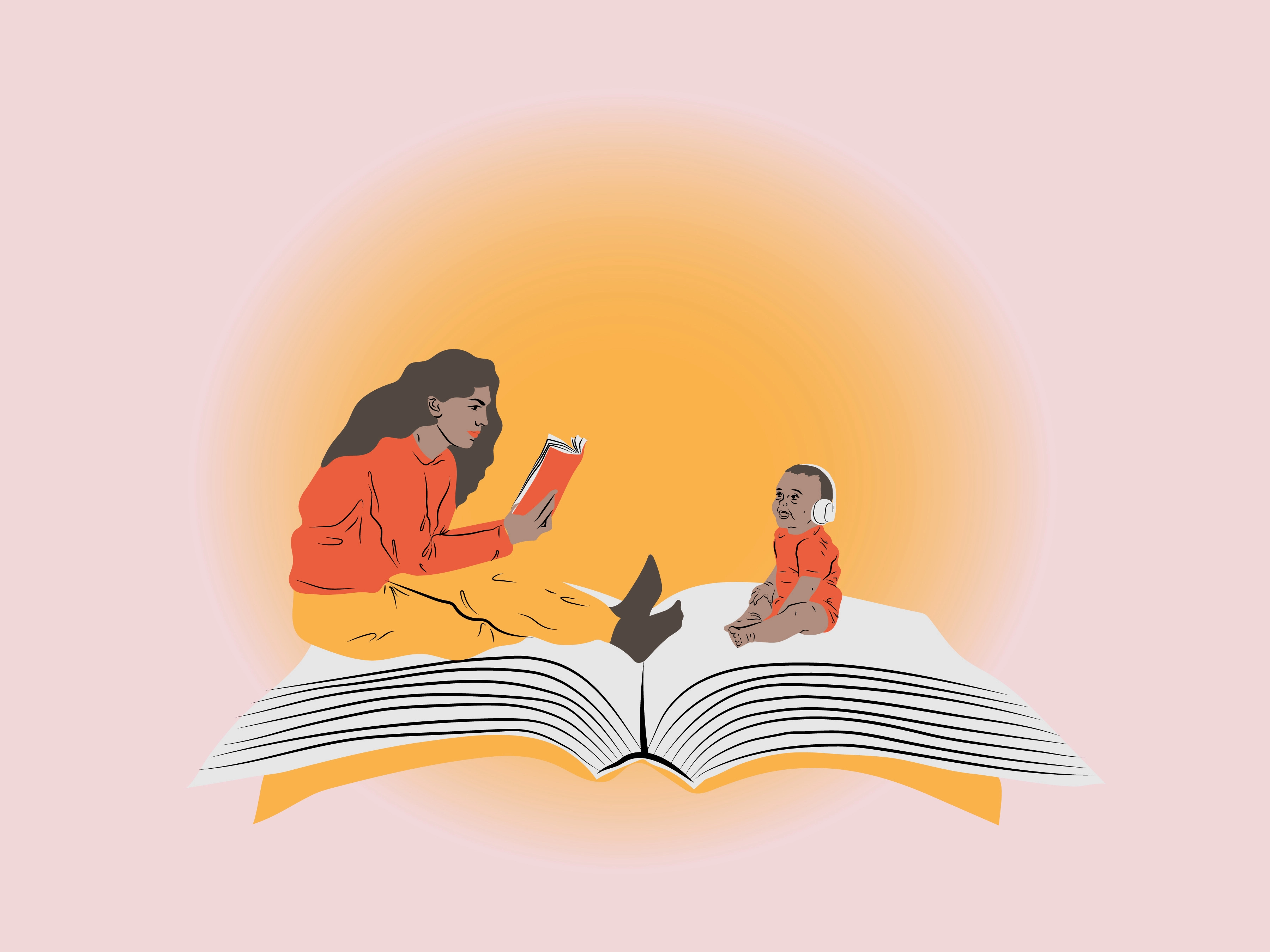 Illustration of a woman reading a book and a toddler listening to her with headphones