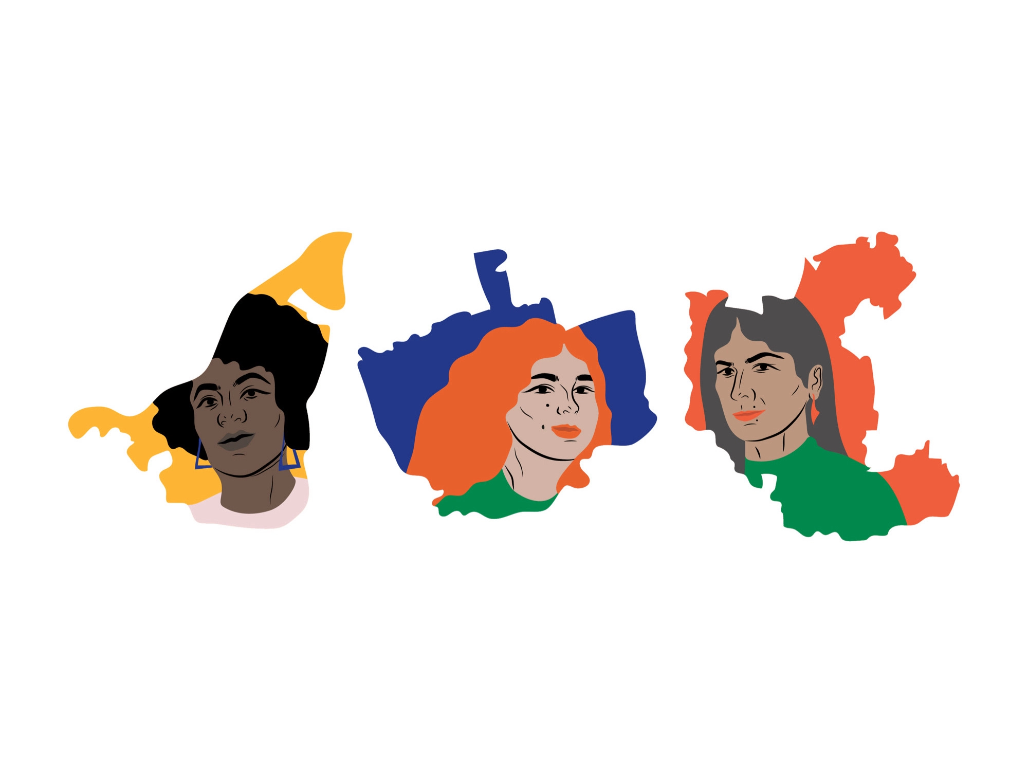 Illustration de visages de femmes découpés par la forme des 3 villes des points de services